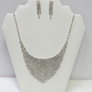 Silver Rhinestone Crystal Fancy Statement Necklace Set Evening Formal Prom